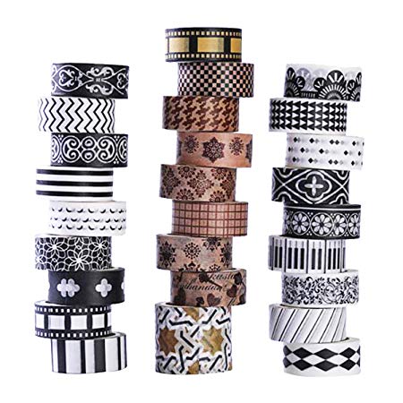 27 Rolls Washi Masking Tape Set, Classic Black and White Decorative Washi Masking Tape，Decorative Special Design Washi Craft Tape for DIY Crafts Book Designs, Great for Festivals and Party