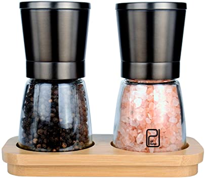 Premium Black Stainless Steel Salt and Pepper Mill Set with Stand in Bamboo Wood - Gunmetal Salt and Pepper Shakers with Adjustable Coarseness - Black Pepper Grinder and Salt Mills Shaker Set