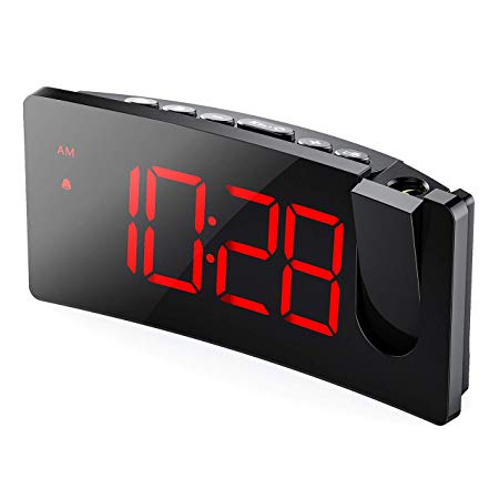 PICTEK Projection Alarm Clock, 5'' LED Curved-Screen, 3-Level Dimmer, 12/24H, Easy Operation, USB Phone Charging Port, Snooze, 120° Rotatable Projector, Digital Alarm Clock for Bedroom Kid Senior