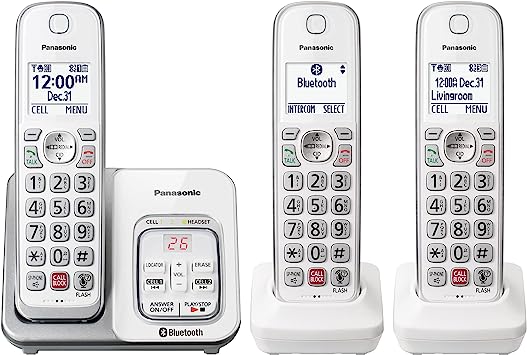 Panasonic Cordless Phone with Answering Machine, Link2Cell Bluetooth, Voice Assistant and Advanced Call Blocking, Expandable System with 3 Handsets - KX-TGD863W (White)