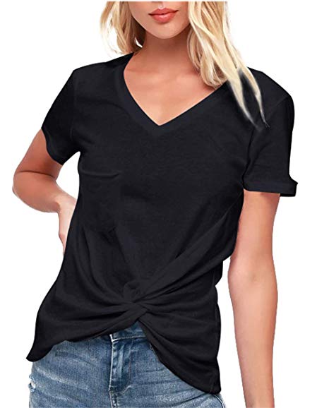 FHKDL Women's Casual Short Sleeve Solid T Shirts Twist Knot Tunics Tops Blouses