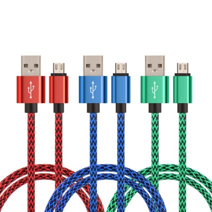Micro USB Cable Braided 6ft, Pack 3 High Speed 6ft/2m Premium Nylon Braided Micro USB Charger Cable Cord for Android Samsung Galaxy S4 S6 S7 Edge HTC Motorola Nokia and More (Blue, Red, Green)