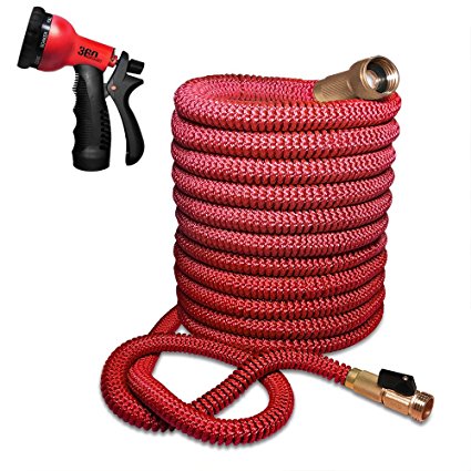 360Gadget Expanding Garden Hose - Red - Extra Strength Stretch Material with Brass Connectors - Bonus 8 Way Spray Nozzle (25 FT)