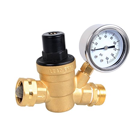 Esright Brass Water Pressure Regulator Lead-free with Gauge for Adjustable RV Water Pressure Regulator (NH threads)
