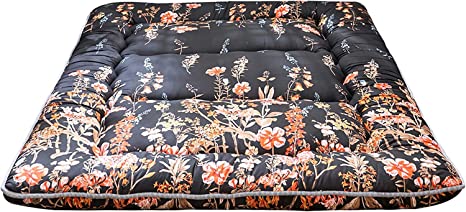 Black Floral Japanese Futon Floor Mattress, Bed Mattress Topper Portable Thick Sleeping Pad Floor Bed Roll Up Camping Mattress Folding Couch Bed Mattress Pad for Guest Room, Queen Size