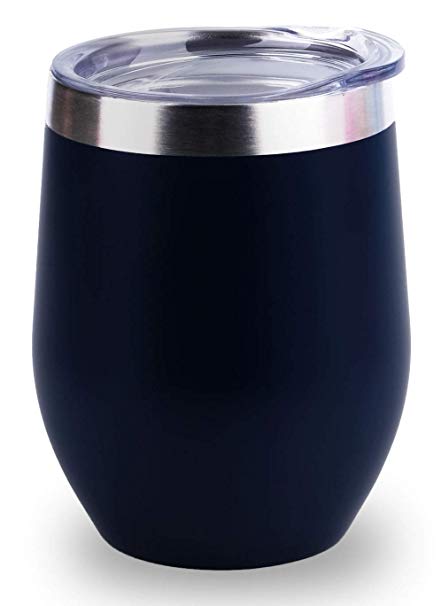 Insulated Wine Tumbler with Lid (Navy Blue), Stemless Stainless Steel Insulated Wine Glass 12oz, Double Wall Durable Coffee Mug, for Champaign, Cocktail, Beer, Office use, by SUNWILL