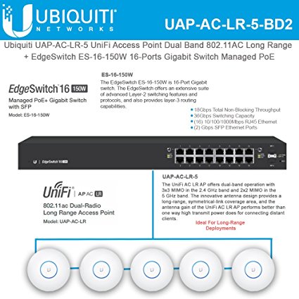 Ubiquiti UAP-AC-LR-5 UniFi Access Point AC 11AC 2.4/5GHz   ES-16-150W EdgeSwitch 16-Port Managed PoE  Gigabit