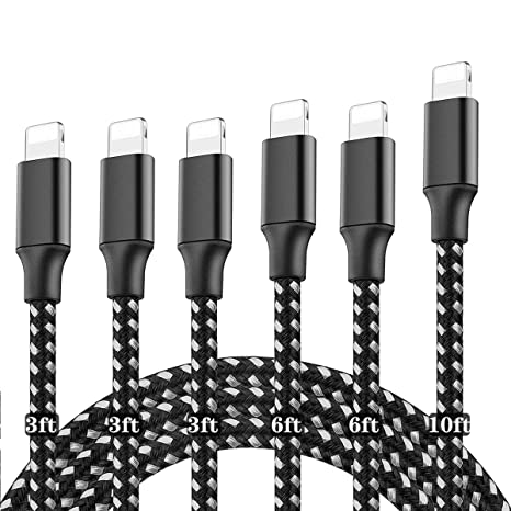 iPhone Charger,ANTPO Lightning Cable 6Pack 3/3/3/6/6/10FT USB Charging Connector Data Sync Transfer Cord Compatible with iPhone 12Pro Max/12Pro/12/11/Max/XS/X/8/7/Plus/6S/6/iPad and More Black&Silver