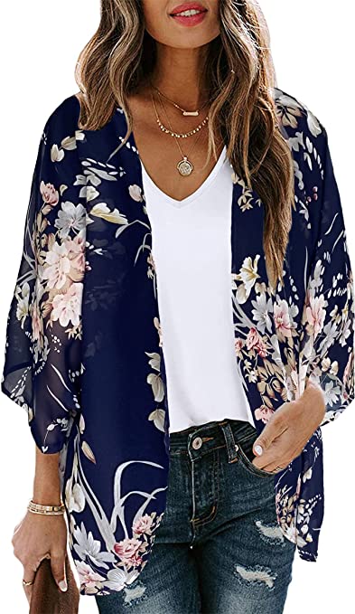 Women's Floral Print Puff Sleeve Kimono Cardigan Loose Cover Up Casual Blouse Tops