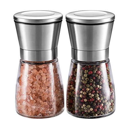 Salt and Pepper Grinder Set – UTRO Premium Stainless Steel Salt and Pepper Mill with Glass Body and Adjustable Coarseness, Brushed Stainless Steel Salt and Pepper Shakers