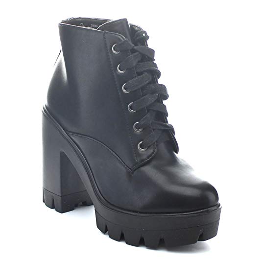 BAMBOO Jonas-02 Women Lace Up Chunky Heel Lug Sole Platform Combat Ankle Bootie