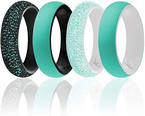 ROQ Silicone Wedding Ring for Women - Affordable 4 Pack of Silicone Rubber Rings - Dome Style, 2 Colors - Glitter, Marble, Metallic, Matte - Safe, Flexible, Light with Classic Design