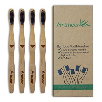 Bamboo Toothbrush Soft Charcoal Infused Bristles BPA Free Organic and Biodegradable Toothbrushes Pack of 4 Eco-Friendly by Artmeer (bamboo)