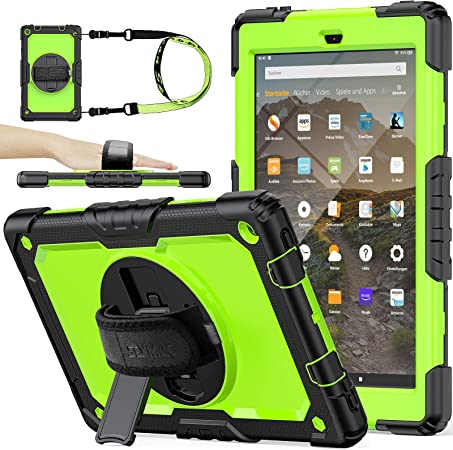 (NOT fit 11th 2021) SEYMAC stock Amazon Kindle Fire HD 10 Case (9th/7th Generation 2019/2017) with Screen Protector Pencil Holder [360 Rotating Hand Strap] &Stand, Drop-proof Tablet Case (Green Black)