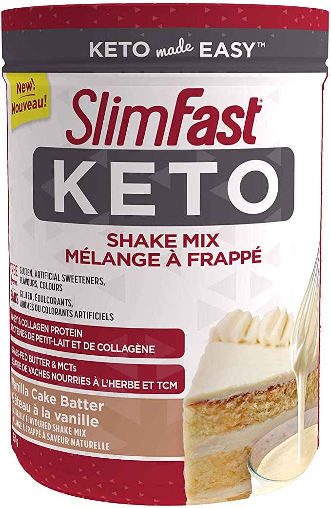 SlimFast Keto Shake Mix with Whey and Collagen Protein, Vanilla Cake Batter Flavour, 367 Grams