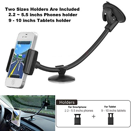 Smartphone Tablet Windshield Car Mount - Rerii Universal Smartphone and Tablet Windshield Dashboard Car Mount, Holder, Fits all Gadgets Width Between 2.2-5.5 inches Or Tablets Size Between 9-10 inchs,Support Samsung Galaxy, HTC , iPhone 6, 5, 4, iPad Air, iPad 2 3 4 and other Moblie Phone, tablet 9-10 inches
