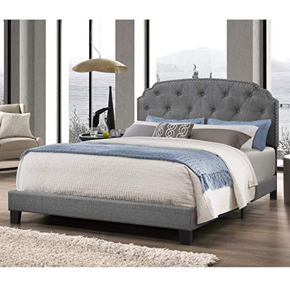 DG Casa 9850-Q-GRY Wembley Tufted Upholstered Panel Bed Frame with Nailhead Trim Headboard, Queen Size in Grey Linen Style Fabric