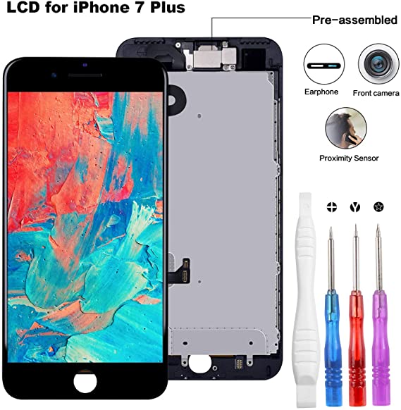 Screen Replacement Compatible for iPhone 7 Plus Black 5.5 Inch, LCD Display 3D Touch Digitizer Full Assembly with Proximity Sensor   Front Facing Camera   Earpiece Speaker   Repair Tools Kit