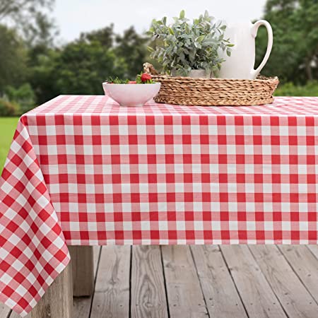 Benson Mills Indoor Outdoor Spillproof Fabric Gingham Checkered Tablecloth for Spring / Summer Pinics and Parties (Red Buffalo Check, 52" X 70" Rectangular)