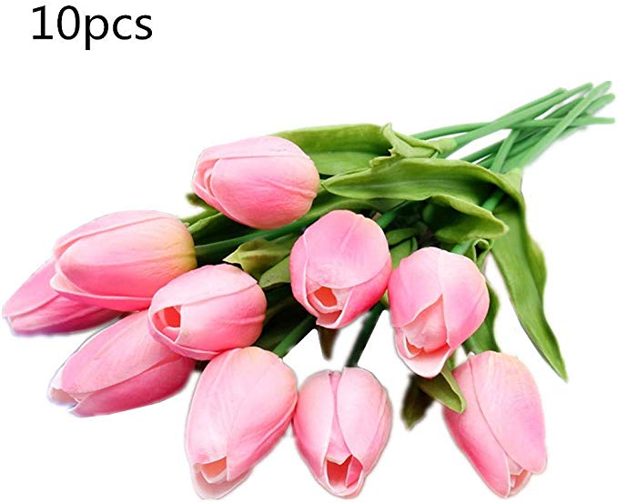 Artificial Tulips Flowers Real Touch Latex Pu Material Fake Tulips Flowers Wedding Bouquets for Wedding Home Hotel Party Decoration Garden Decor 10 Pack