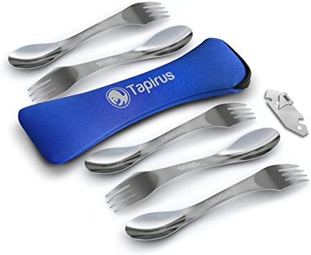 Tapirus 5 Spork of Steel Utensils Set | Durable & Rust Proof Stainless Steel | Spoon, Fork & Knife Flatware | for Camping, Fishing, Hunting & Outdoor Activities | with Bottle Opener & Carrying Case