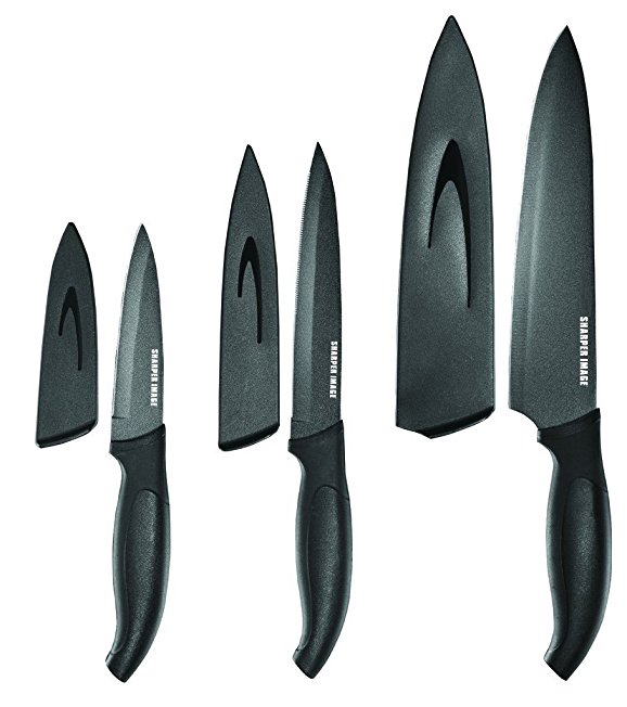 SHARPER IMAGE Stainless Steel Kitchen Knife Set 3 PC Paring Utility Chef Cutlery Knives with Cover NonSlip Handle, Ergonomic Design
