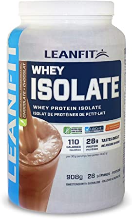 LEANFIT Whey Protein Isolate Powder, Natural Chocolate, 28g Protein, 28 Servings, 908g Tub