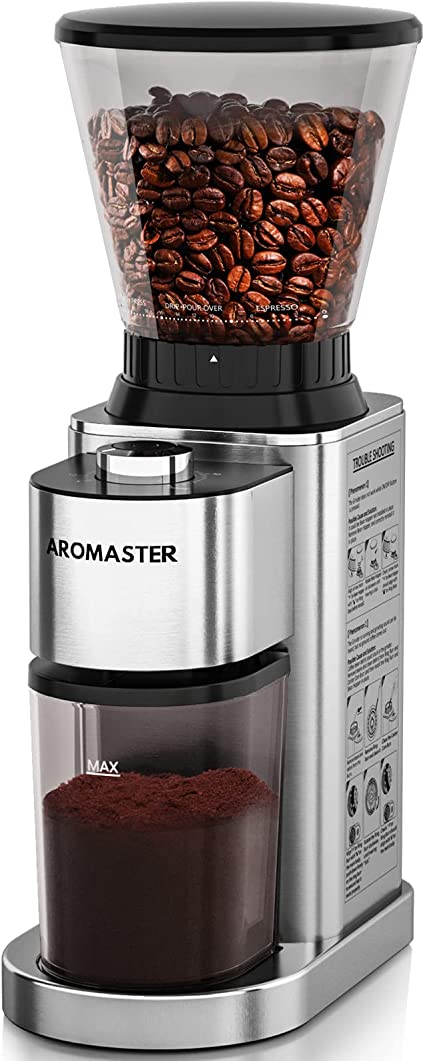 Burr Coffee Grinder,Aromaster Conical Coffee Grinder,Coffee Bean Grinder with 24 Grind Settings,Espresso/Drip/Pour Over/Cold Brew/French Press Coffee Maker,Anti-static,Stainless Steel
