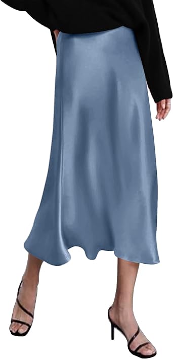 Zeagoo Womens Satin Skirts Casual Silk Midi Skirt High Waisted Long Skirts Zipper Elegant Work Skirts