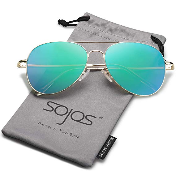 SOJOS Classic Aviator Mirrored Flat Lens Sunglasses Metal Frame with Spring Hinges SJ1030