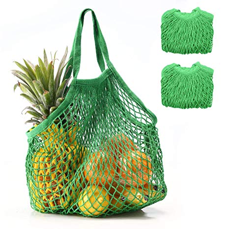 Coofig 2 PCS Eco-Friendly Cotton Net Shopping Bag Reusable Mesh Tote Handbag with Short Handles Portable String Bag Organizer for Shopping/Outdoor Packing/Beach Toys/Fruit/Vegetable(Green s)