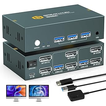 8K USB3.0 Displayport KVM Switch 2 Monitors 2 Computers,2 Port DP Monitor Switch for 2 Computers with USB3.0 Port,8K@60HZ 4K@144Hz, EDID Adaptive