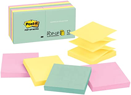 Post-it Pop-up Notes, 3 in x 3 in, 12 Pads, America's #1 Favorite Sticky Notes, Marseille Collection, Pastel Colors (Pink, Mint, Yellow), Recyclable (R330-12AP)