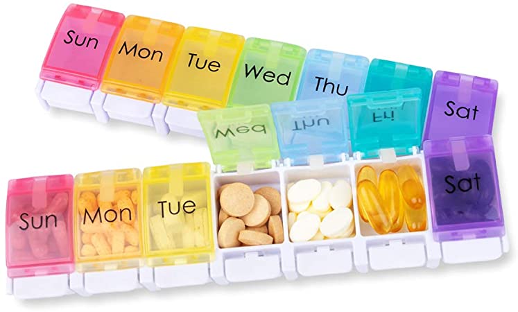 Pill Organizer 7 Day, Pill Box Medicine Organizer Weekly, Daily Vitamin Container Organizer Arthritis Friendly, Travel Pill Case Container BPA Free Easy Open to Hold Vitamins and Medication (Cute)