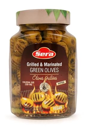 Mediterranean Grilled & Marinated Pitted Green Olives Colossal Size 1 Glass Jar NT WT 22.92 oz. (650g) DR. WT 12.34 oz. (350g) By Sera