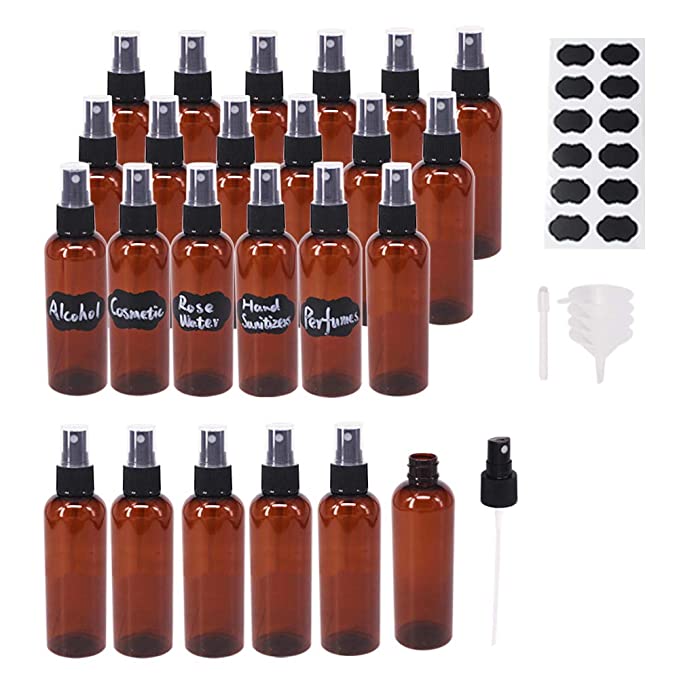 BPFY 24 Pack 2oz Amber Plastic Spray Bottles For Essential Oils, Perfumes, Cosmetics, Hand Sanitizers, Alcohol, Fine Mist Spray Bottle, Mini Travel Bottle, Small Refillable Liquid Containers