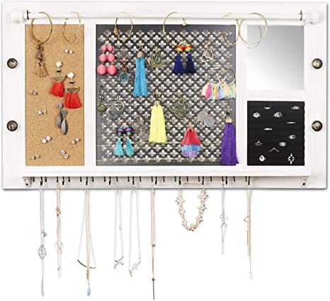 SoCal Buttercup Deluxe Rustic Wood Jewelry Organizer - from Hanging Wall Mounted Wooden Jewelry Display - Organizer for Earrings, Necklaces, Bracelets, Studs, and Accessories (Deluxe_White)