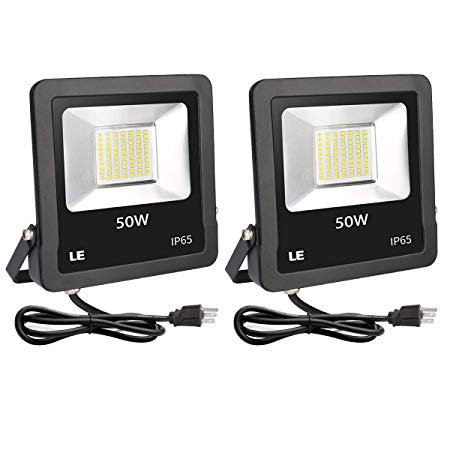 LE Outdoor LED Flood Lights, IP65 Waterproof, 50W 4000LM, Daylight White 5000K, 110 Degree Beam Angle, Plug in Security Floodlights for Home, Backyard, Patio, Garden, Tree and More, Pack of 2