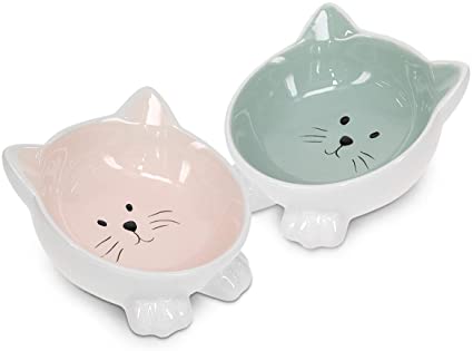 Navaris 2 x Ceramic Cat Bowls - Twin Pack of Cat Feeding Dishes with Anti Slip Silicone Feet - Rose and Green Cat Shaped Food and Water Bowls for Cats