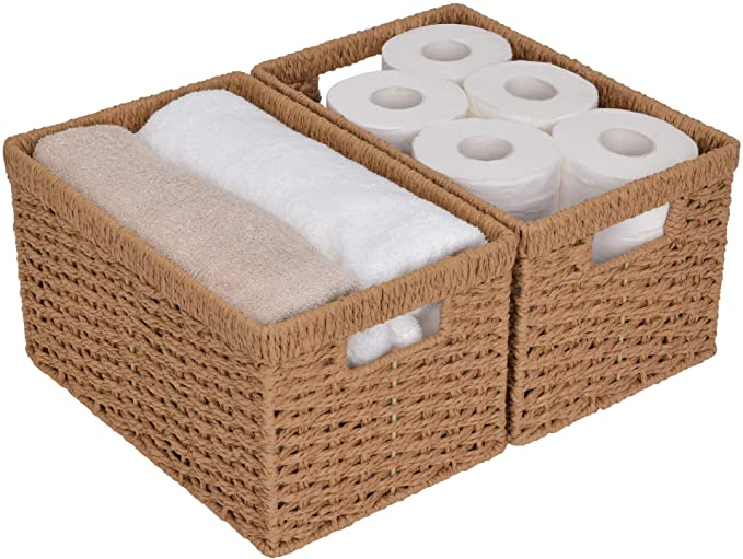 StorageWorks Round Paper Rope Storage Baskets, Rectangular Wicker Baskets with Built-in Handles, Medium, 13” x 8.4” x 7.1”, 2-Pack