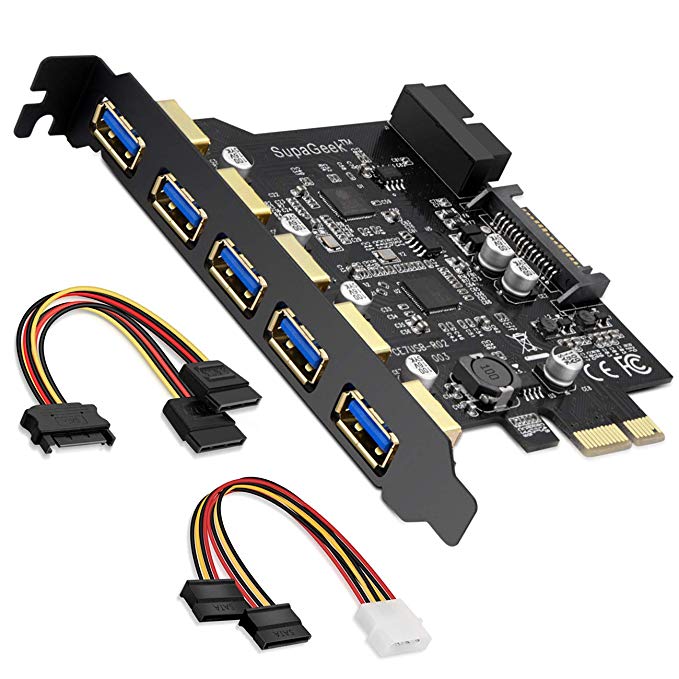 SupaGeek PCI-E to USB 3.0 5-Port PCI Express Expansion Card, Capable of Expanding Another 2 USB 3.0 Ports with Internal 20-Pin Connector, Includes Drivers & SATA 15-Pin & 4-Pin Power Cables