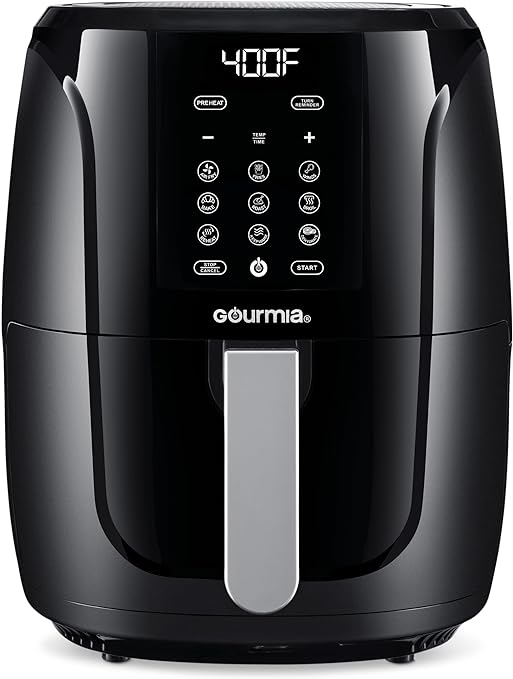 Gourmia Air Fryer Oven Digital Display 5 Quart Large AirFryer Cooker 12 1-Touch Cooking Presets, XL Air Fryer Basket 1500w Power Multifunction Black and Stainless Steel Accents FRY FORCE GAF536