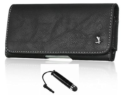 Luxmo LU8HBK Horizontal Leather Pouch Holster with Belt Clip and Loops Carrying Case Fits For Apple iPhone 5 5S 5C All Versions(AT&T Sprint Verizon T-Mobile International) and Includes TopQualityThings Black Mini Stylus Pen for Touchscreen Phones