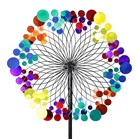 Exhart Yard Pinwheel Decorations– Metallic Rainbow Pattern Wind Spinner – Garden Windmill w/ 2 Spinner Wheels, Weather Resistant Kinetic Art for Incredible Garden Décor (24" L x 11" W x 83" H)