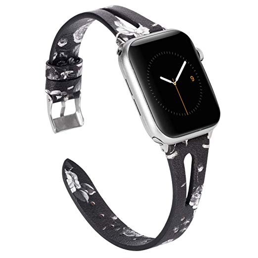 Wearlizer Womens Black White Floral Leather Compatible with Apple Watch Bands 38mm 40mm iWatch Triangle Hole Strap Wristband Replacement Distinctive Dressy Bracelet (Metal Silver Clasp) Series 4 3 2 1