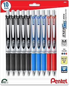 Pentel Energel Deluxe Rtx Gel Ink Pens - Pack of 10 Energel Liquid Gel Ink Pens 0.7 mm - Metal Tip - 5 Black 3 Blue and 2 Red Pens