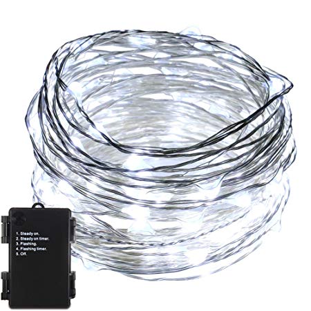 ER CHEN(TM) Indoor and Outdoor Waterproof Battery Operated 100 LED String Lights on 33 Ft Long Ultra Thin Silver Coating Copper String Wire with Timer (White)
