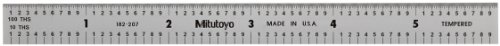 Mitutoyo 182-207, Steel Rule, 6" X 150mm, (1/10, 1/100", 1mm, 1/2mm), 1/64" Thick X 1/2" Wide, Satin Chrome Finish Tempered Stainless Steel