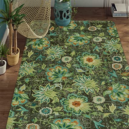 Lahome Collection Modern Floral Area Rug - 3’x 5’ Non-Slip Colorful Vintage Washable Small Rug Accent Distressed Throw Rugs Floor Carpet for Living Room Bedrooms Decor (3’X 5’, Green)