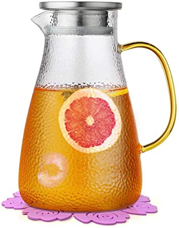 Water Jug,BOQO Glass Jug with Lid,Glass Water Jar and Stainless Steel Lid and Coaster,Juice Pitcher(50 Ounce/1.5 Liter)